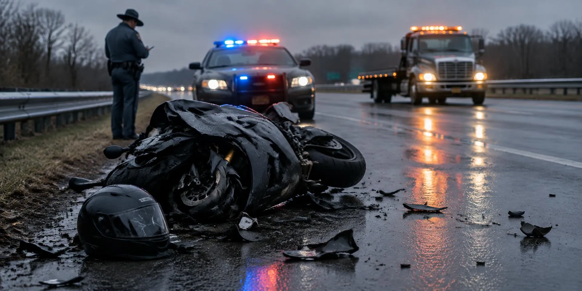A damaged motorcycle on a wet road beside emergency vehicles