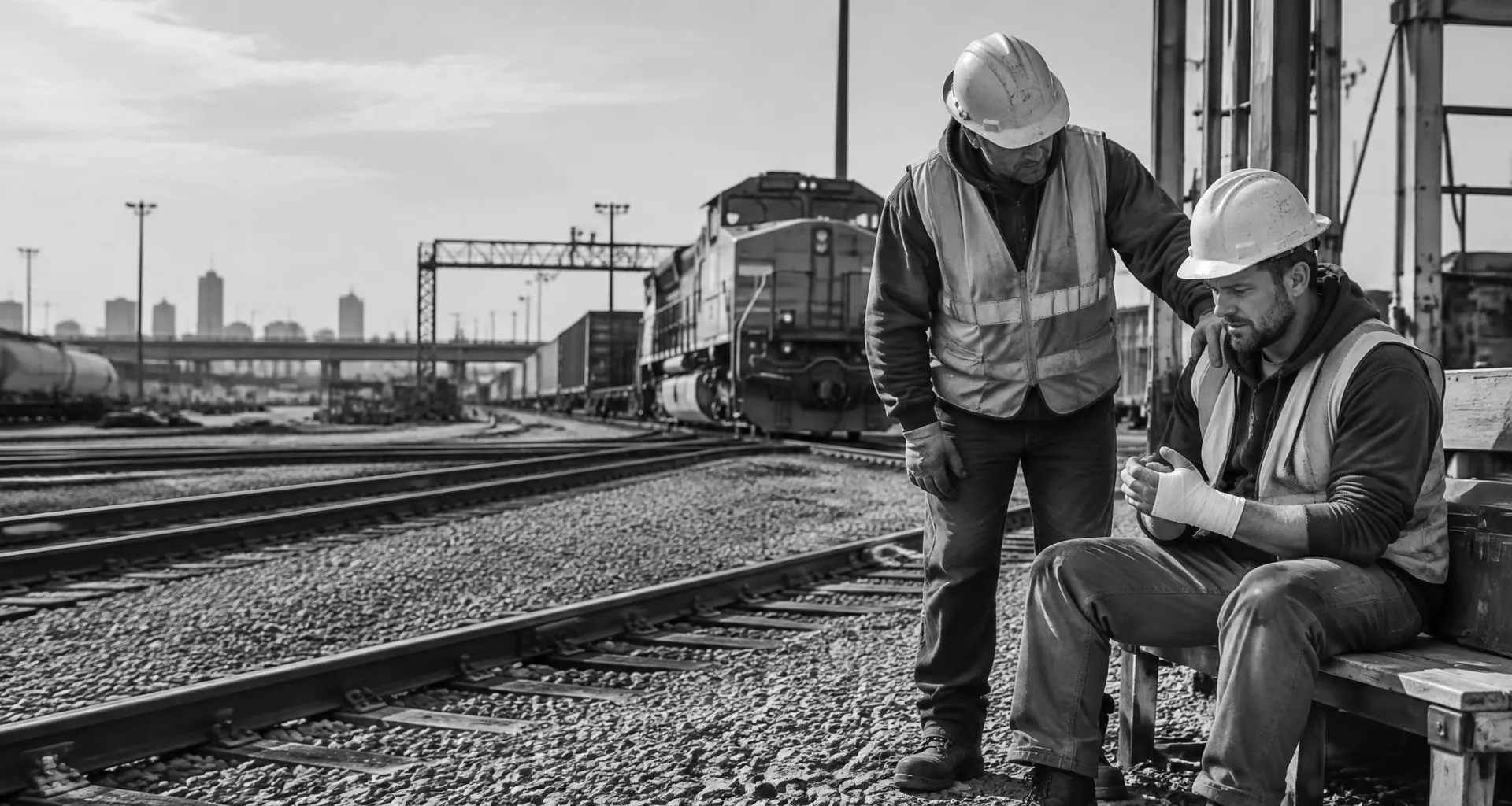 A railroad worker assists an injured colleague beside railway tracks