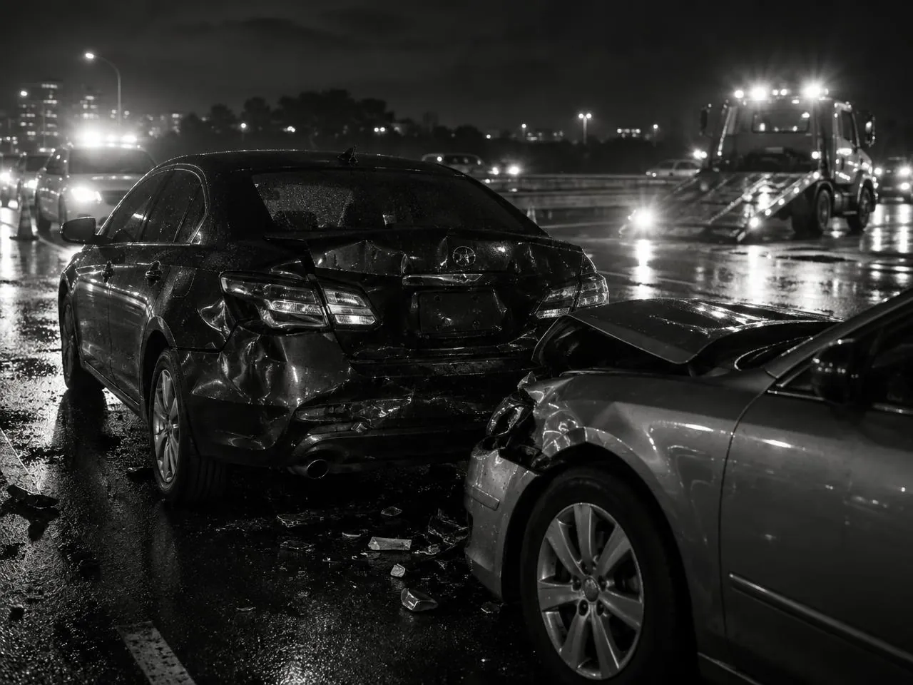 Dos automóviles dañados tras una colisión nocturna en una carretera mojada