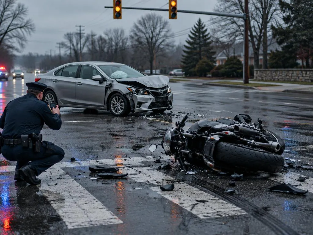 An officer documenting a motorcycle collision at an intersection