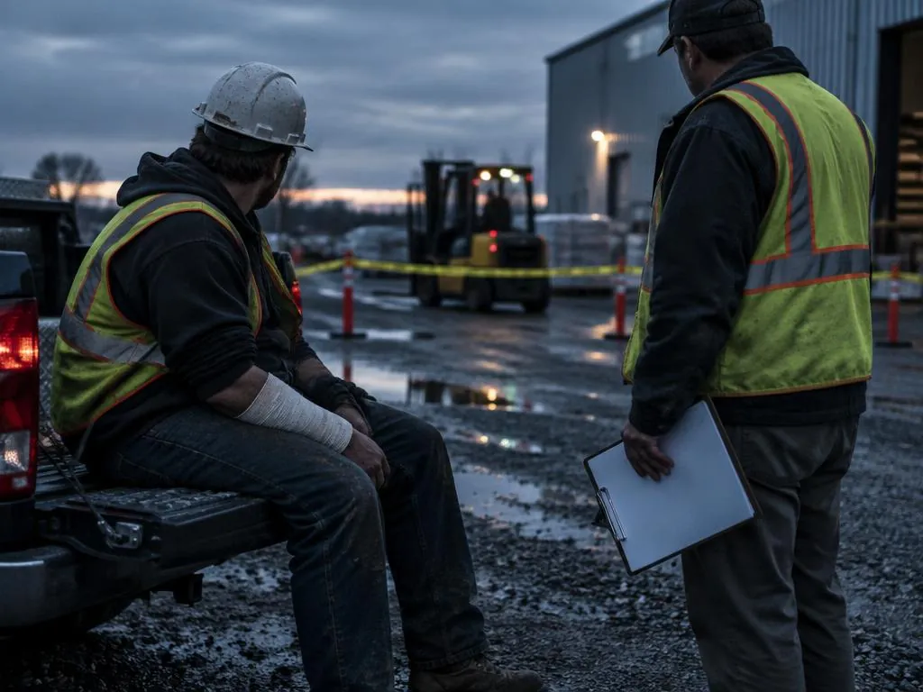 Workers documenting an incident beside a forklift