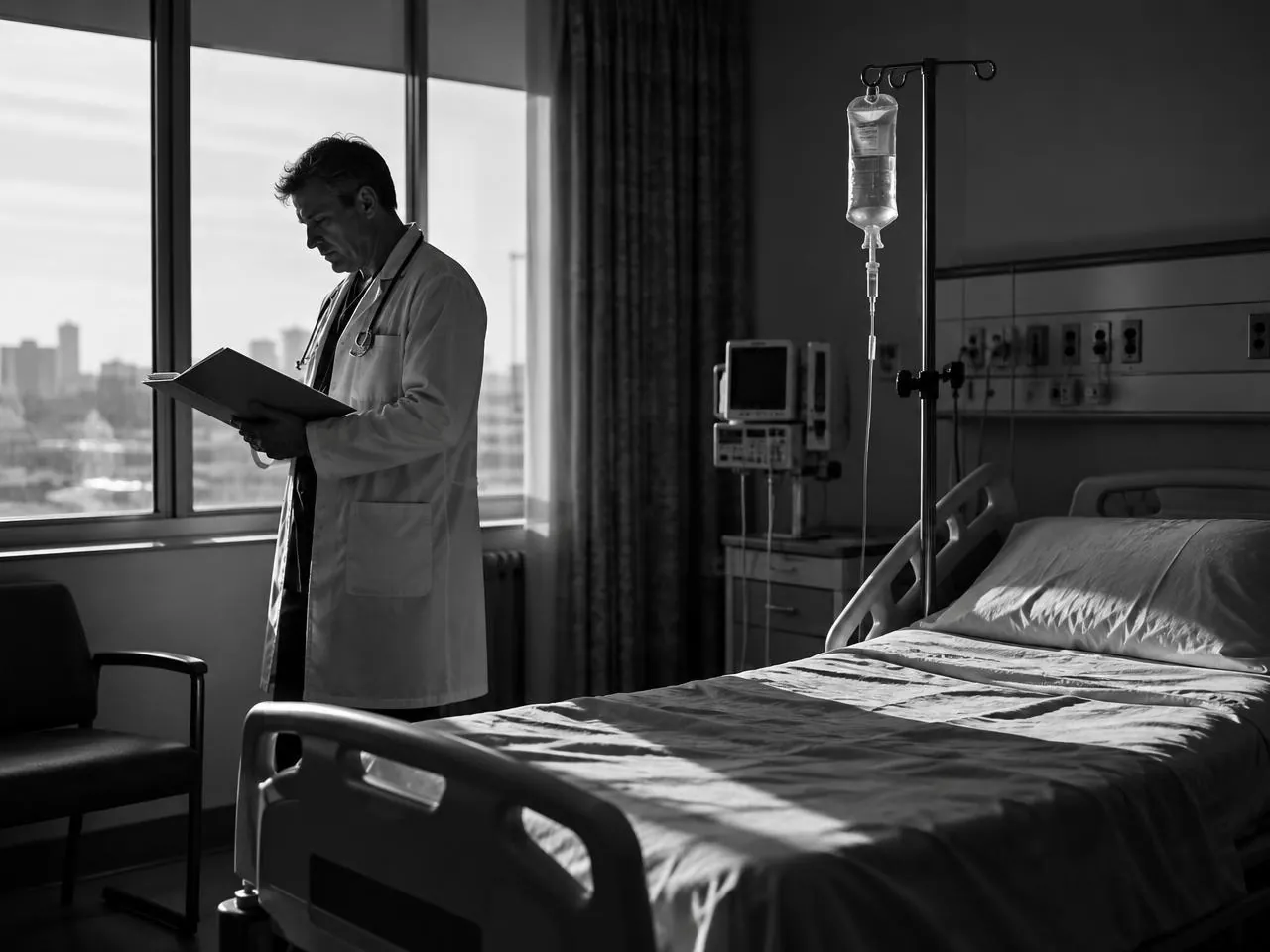 Un médico revisando un expediente junto a una cama de hospital