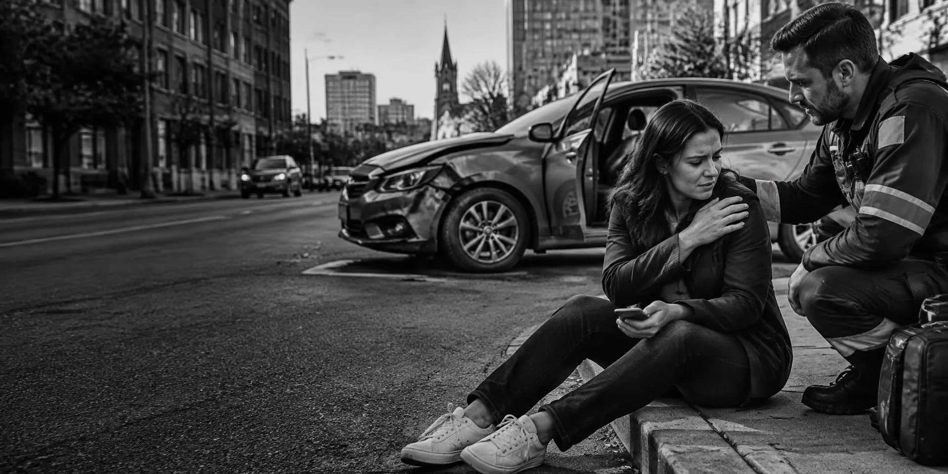 A woman seated beside a car following a city-street collision