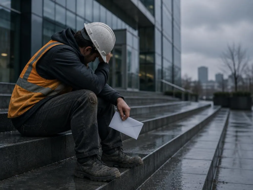 A worker reviewing a letter while seated outside an office building