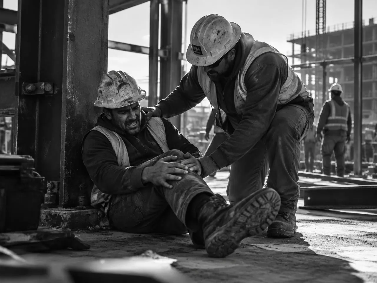 A construction worker helps a seated colleague at a building site