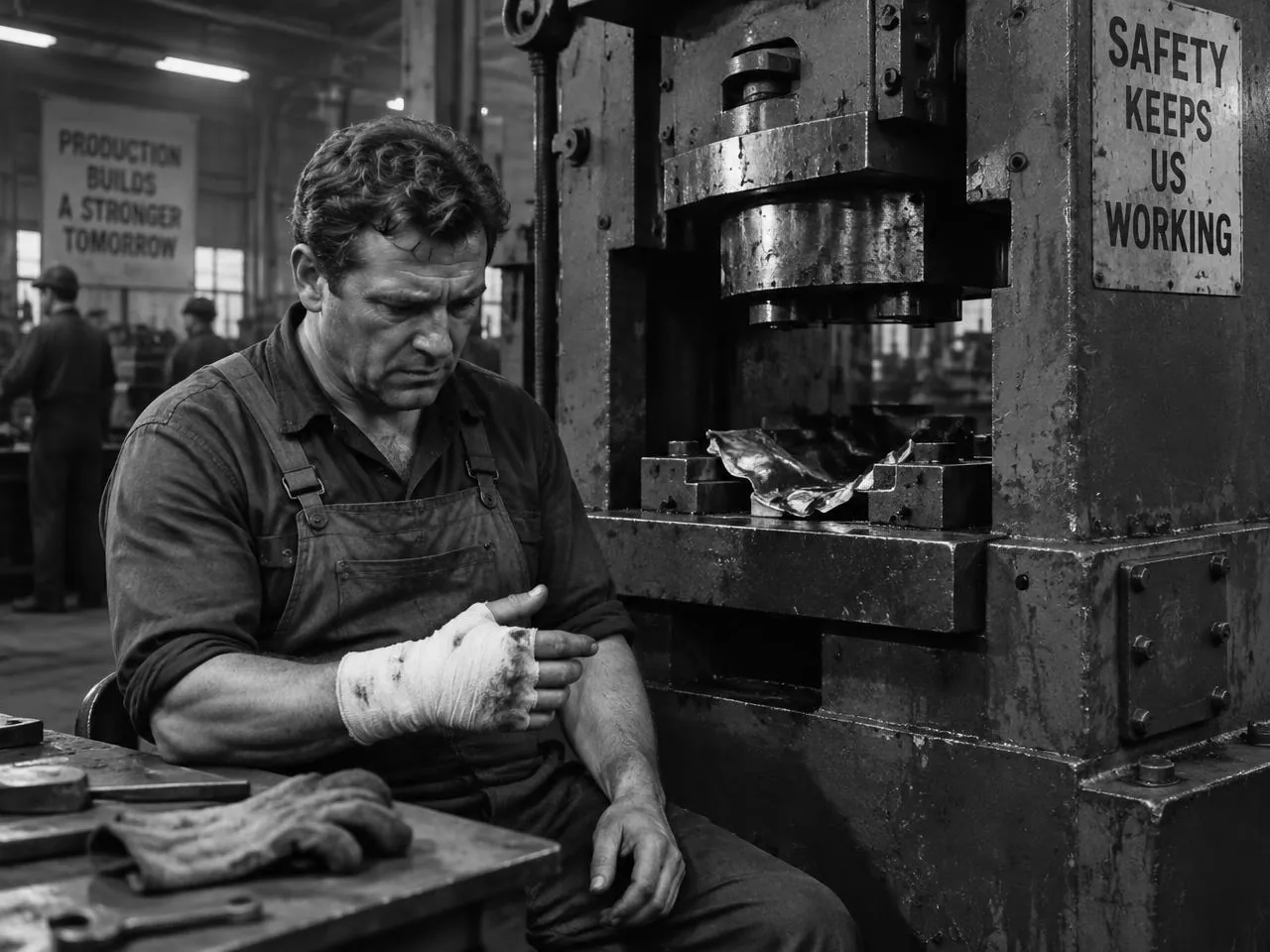 A worker with a bandaged hand beside industrial machinery