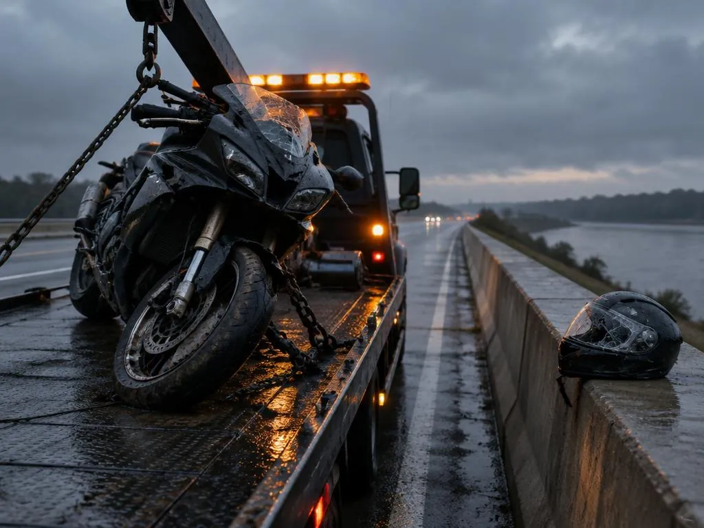A damaged motorcycle secured on a recovery truck