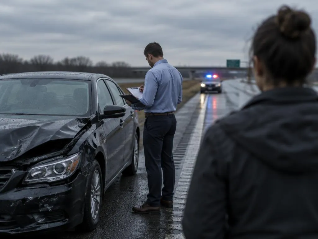 People inspecting a damaged car beside the roadway