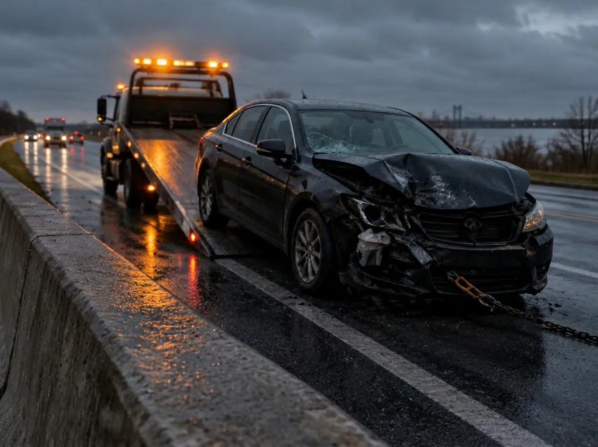 A damaged car being loaded onto a recovery truck