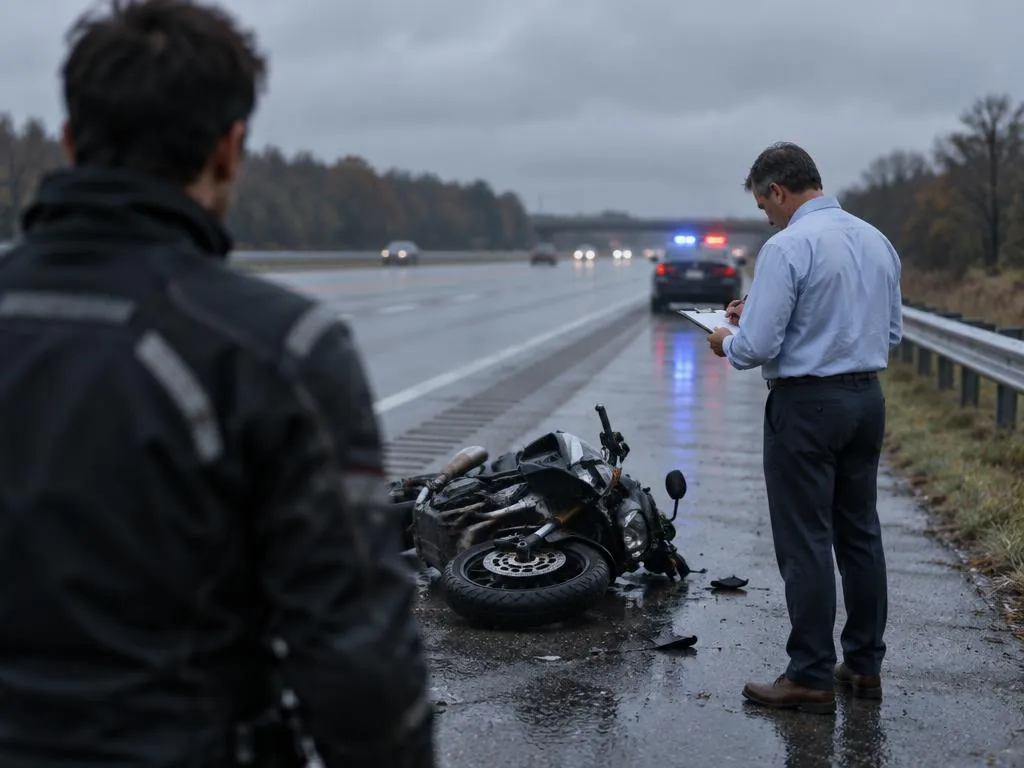 People inspecting a fallen motorcycle at the roadside