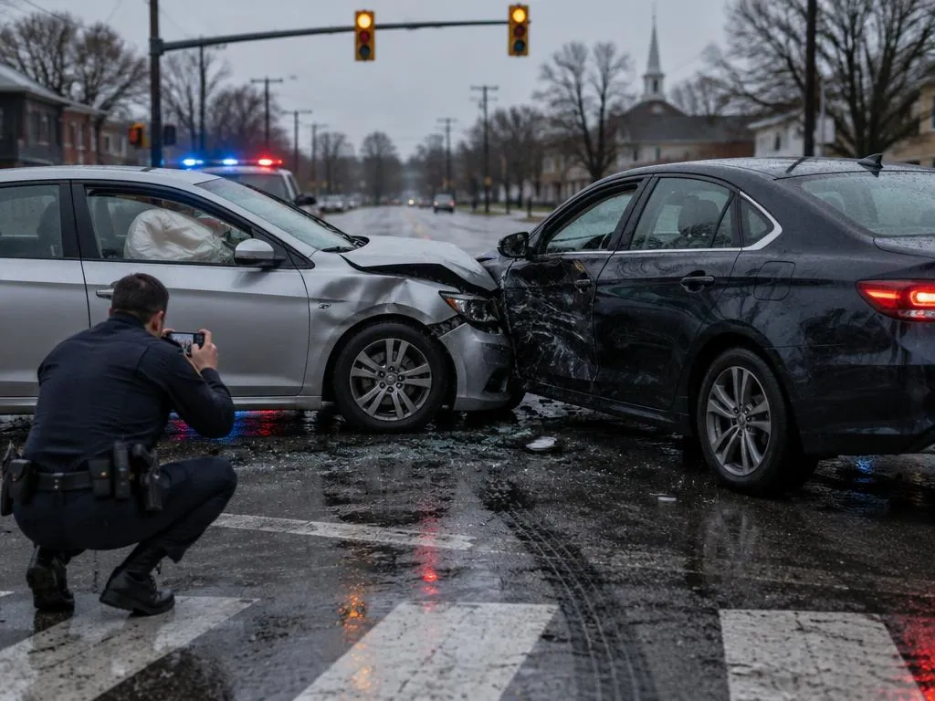 An officer photographs two damaged cars at a road intersection