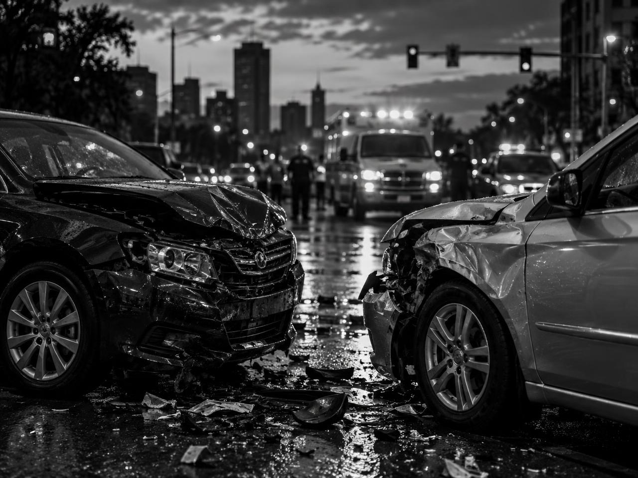 A two-car collision on a city street at dusk