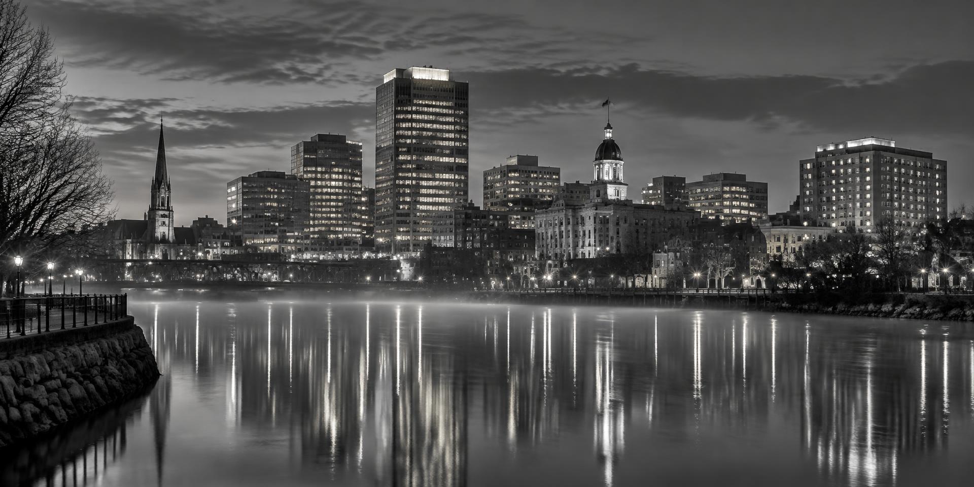 Wilmington, Delaware skyline at dusk seen from across the Brandywine River
