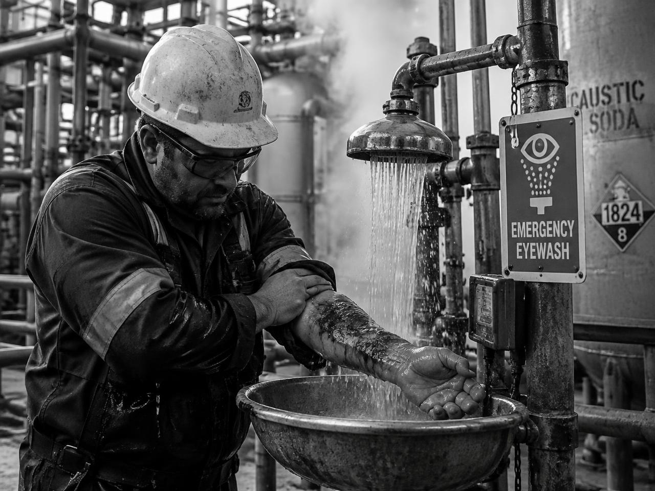 Worker rinsing his arm at an emergency eyewash station