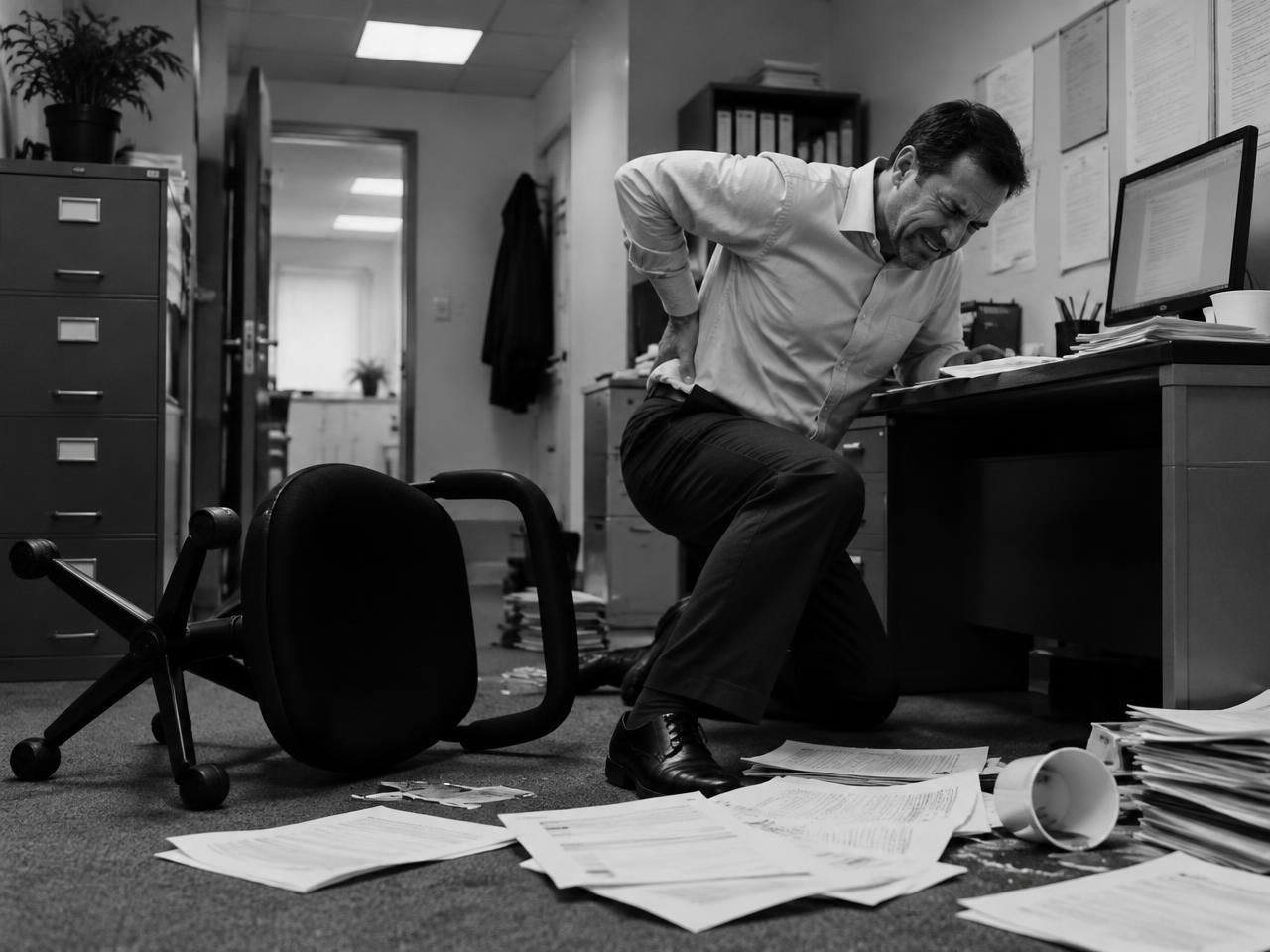 Office worker holding his lower back beside a fallen chair